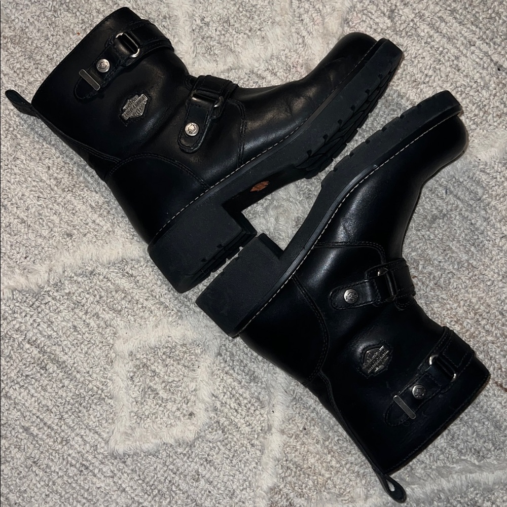 HARLEY-DAVIDSON 🏍️ 9” BLACK LEATHER MOTO BIKER MOTORCYCLE ZIP-UP RIDING BOOTS 10 - Picture 3 of 14